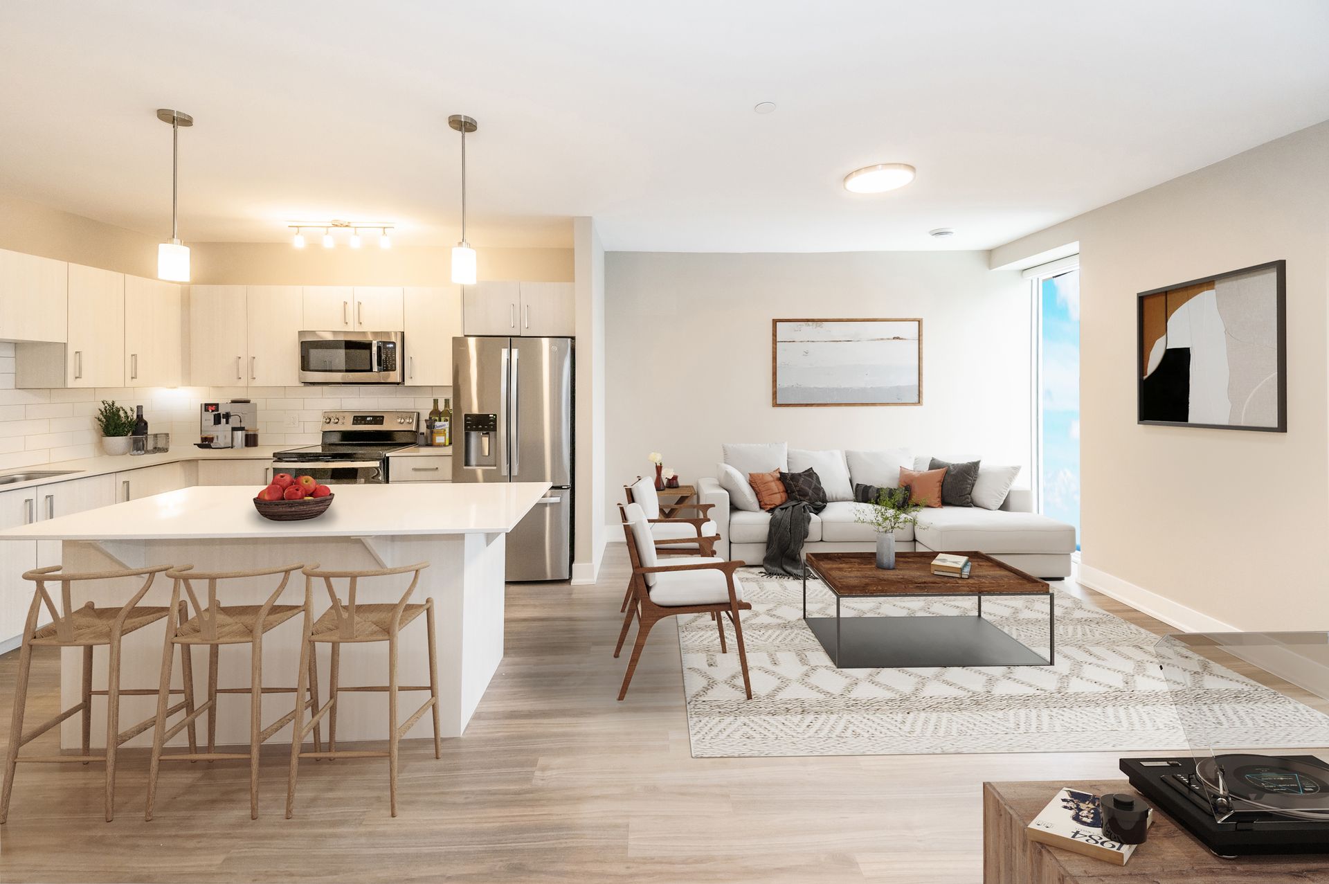 An artist 's impression of a living room and kitchen in a house.