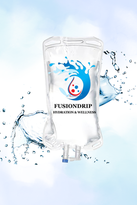 A bag of fusion drip is surrounded by water splashes.