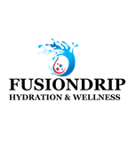 A logo for fusiondrip hydration and wellness with a splash of water.