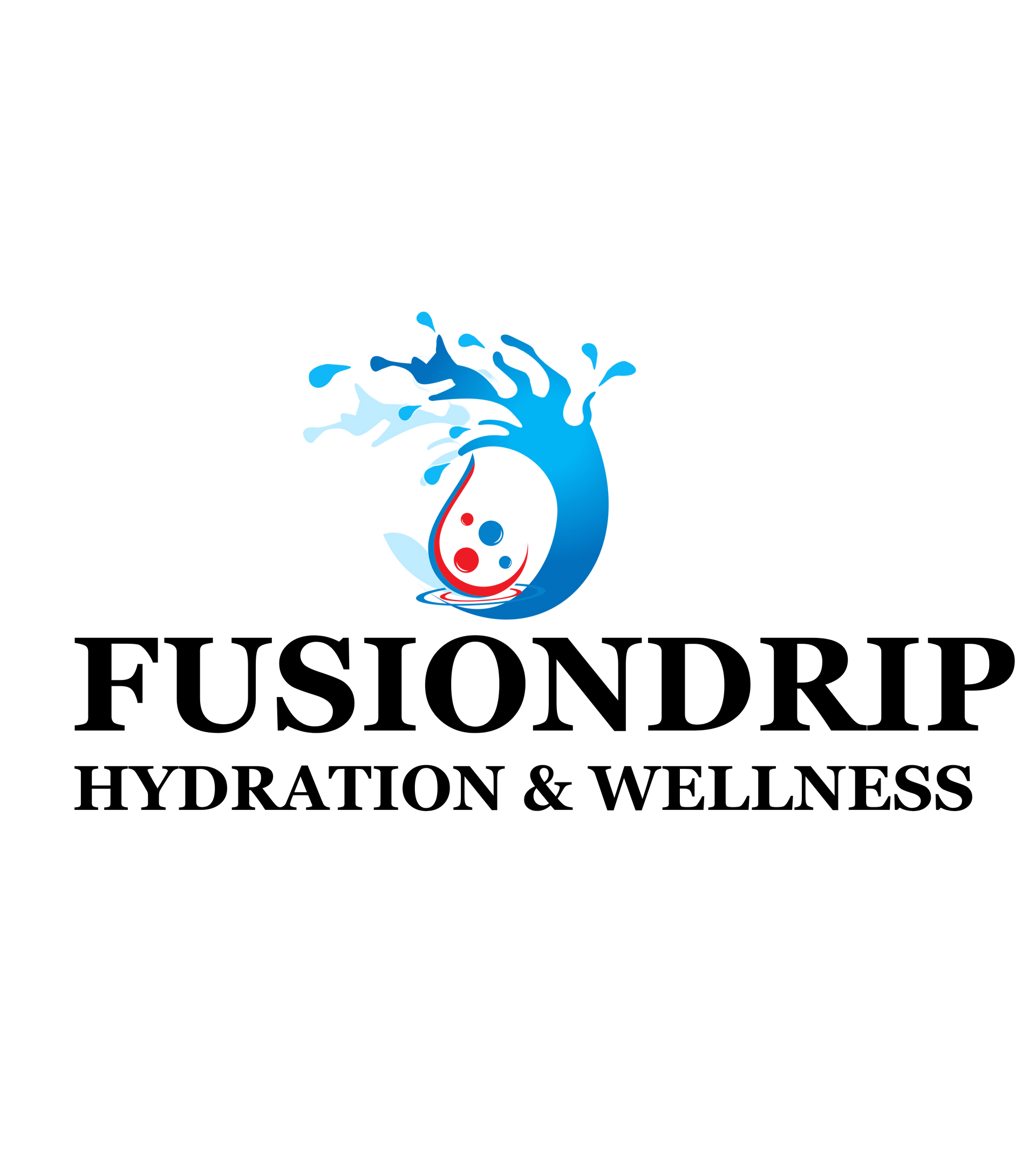 A logo for fusiondrip hydration and wellness with a splash of water.