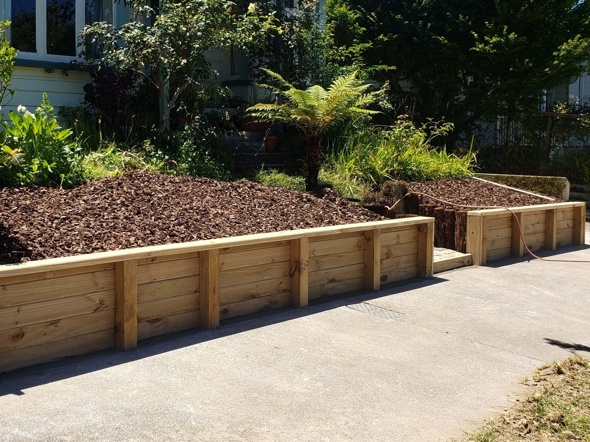 A wooden fence surrounds a lush green garden.