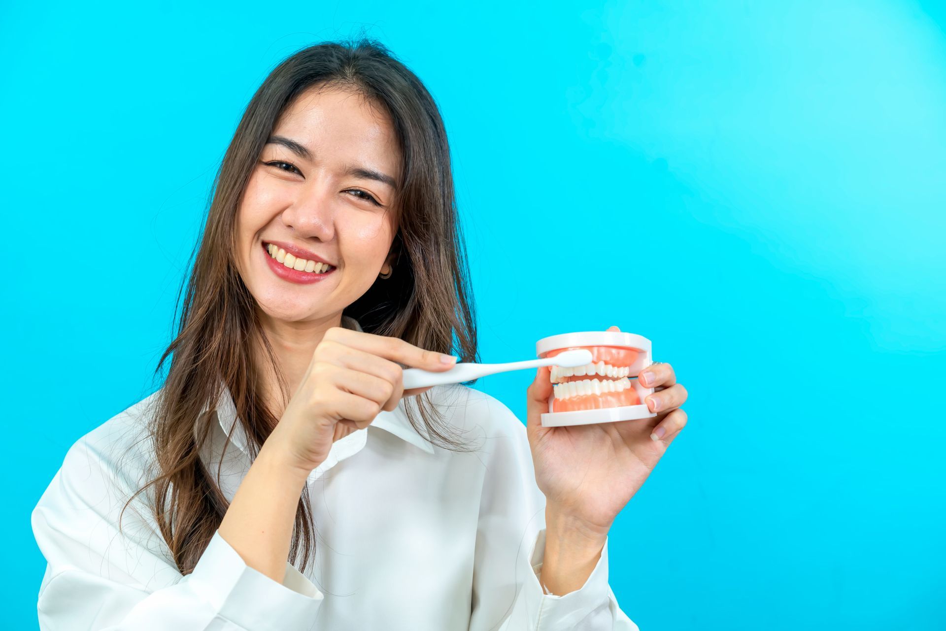 A woman is brushing her teeth with a toothbrush and holding a model of teeth.
