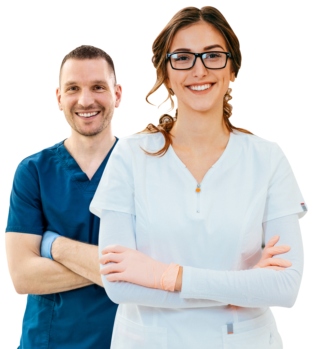 A man and a woman are standing next to each other with their arms crossed.