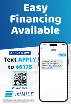 Blue ad for easy financing: text “Apply now” to 46178, with QR code and smartphone text message example.