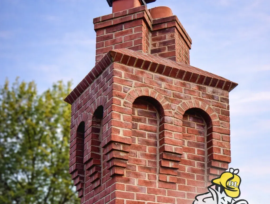 Red brick chimney with arched vents against a blue sky