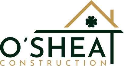 The logo for o ' shea construction shows a house with a clover on the roof.