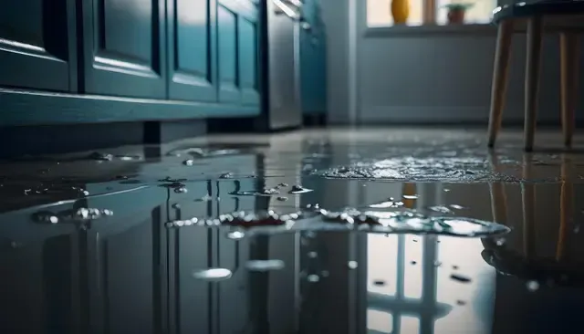 Water pooling on a kitchen floor; blue cabinets in the background.