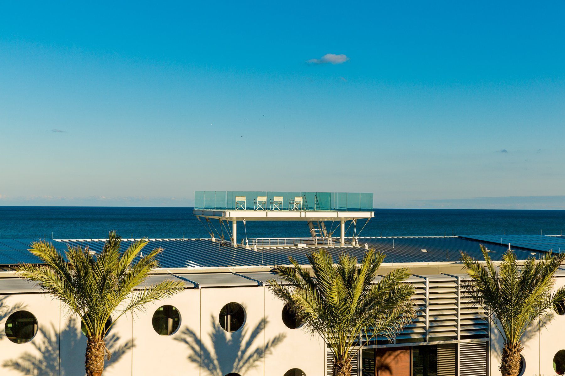 Palm trees in front of a white building with round windows, rooftop seating with ocean view.