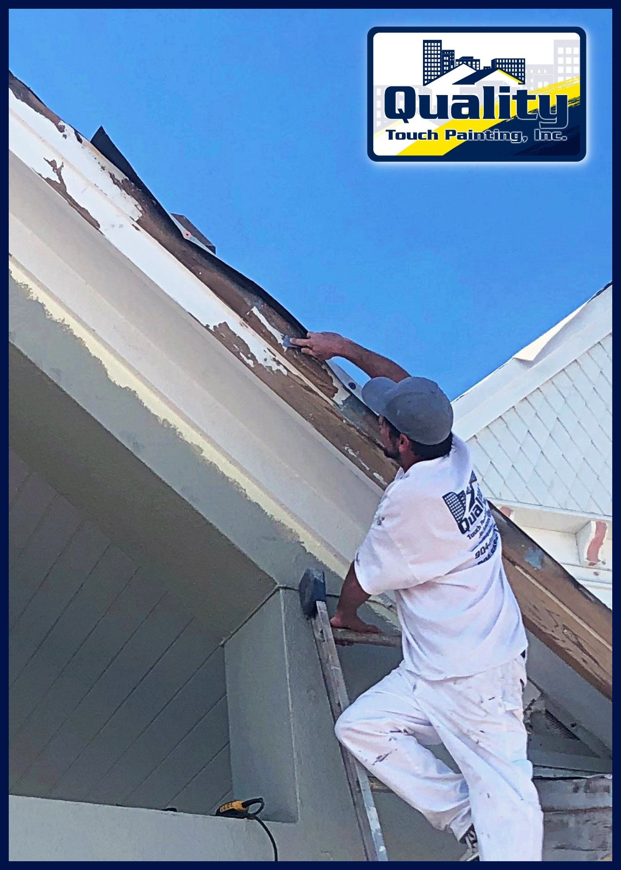Man on a ladder painting the exterior of a building; light blue sky overhead.
