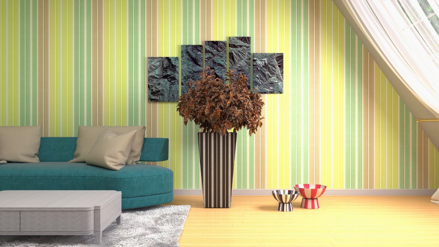 A living room with a striped wall, a blue couch, a coffee table, and a vase of flowers.