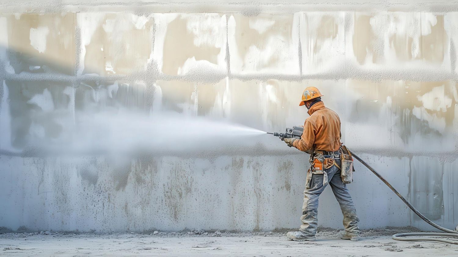 A man is spraying a wall with a high pressure washer.