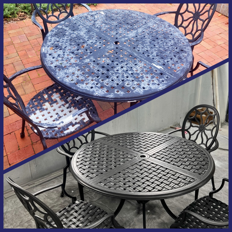 Top: weathered, blue patio table and chairs. Bottom: Restored, black patio set.
