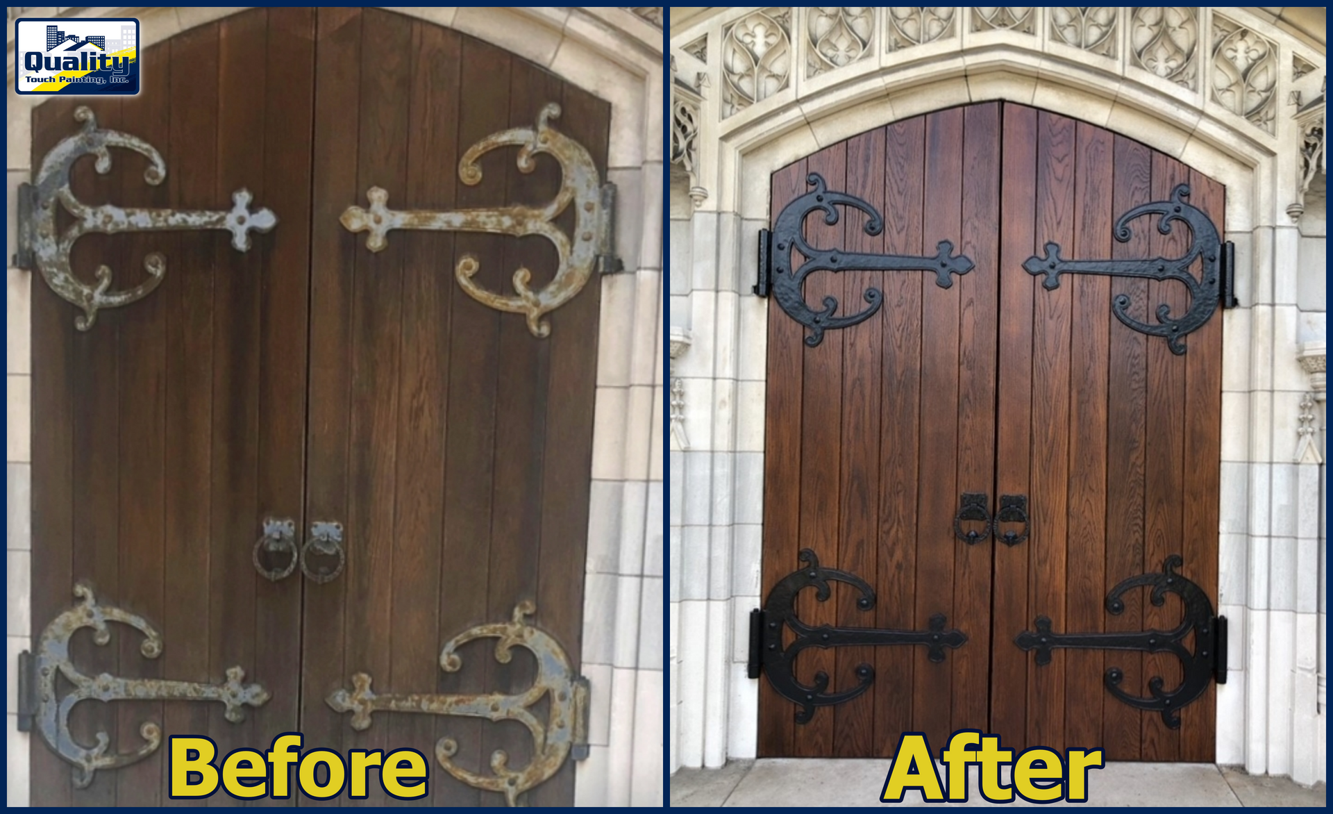 Before and after restoration of dark wooden doors with ornate black hardware.