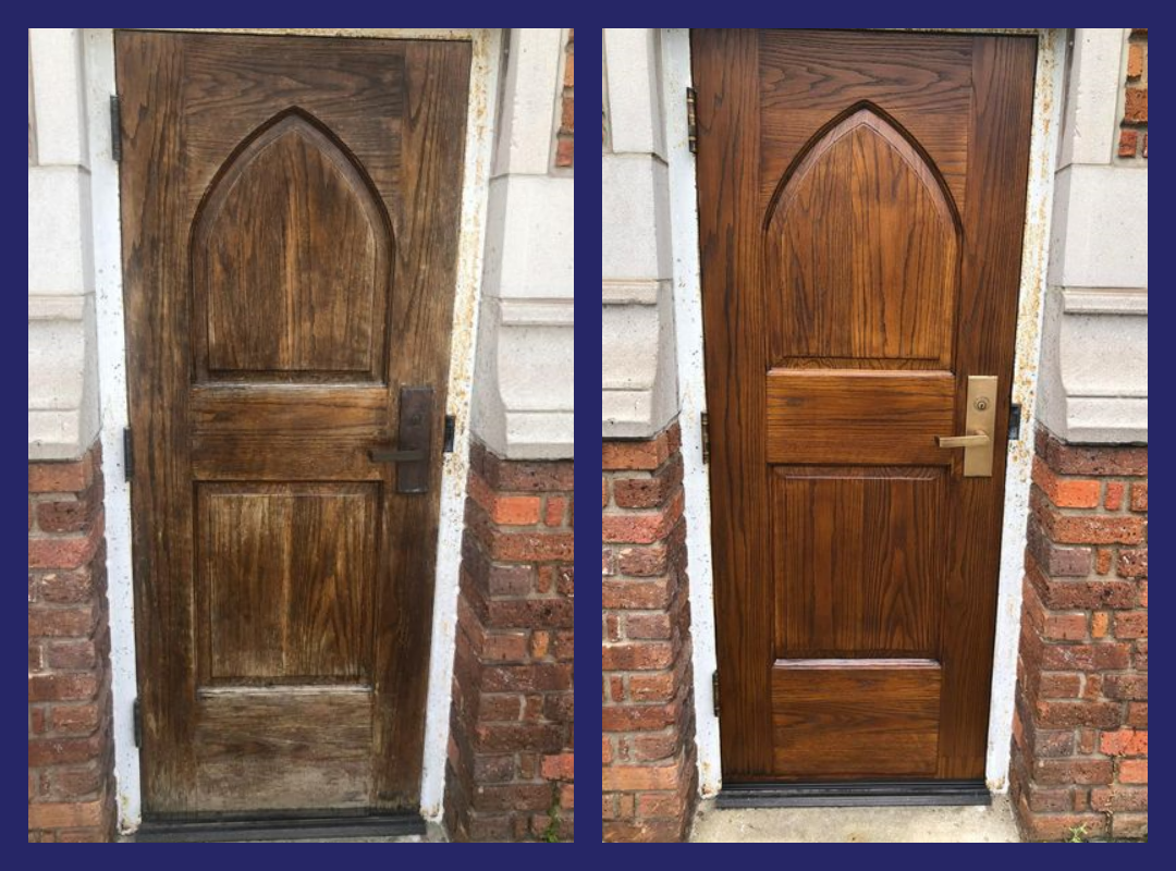 Door restoration before and after: Old, weathered brown wood door transformed to rich, shiny brown.