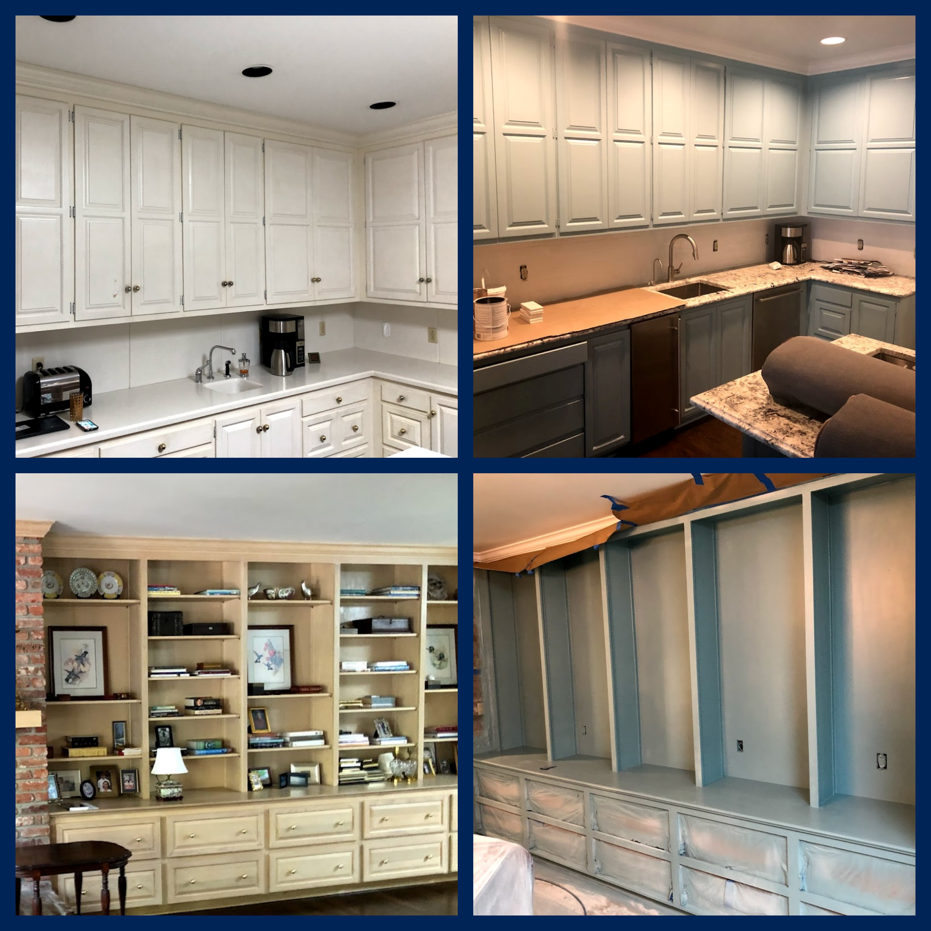 Four images showing different cabinet and shelf painting projects in various stages, with white and blue color schemes.