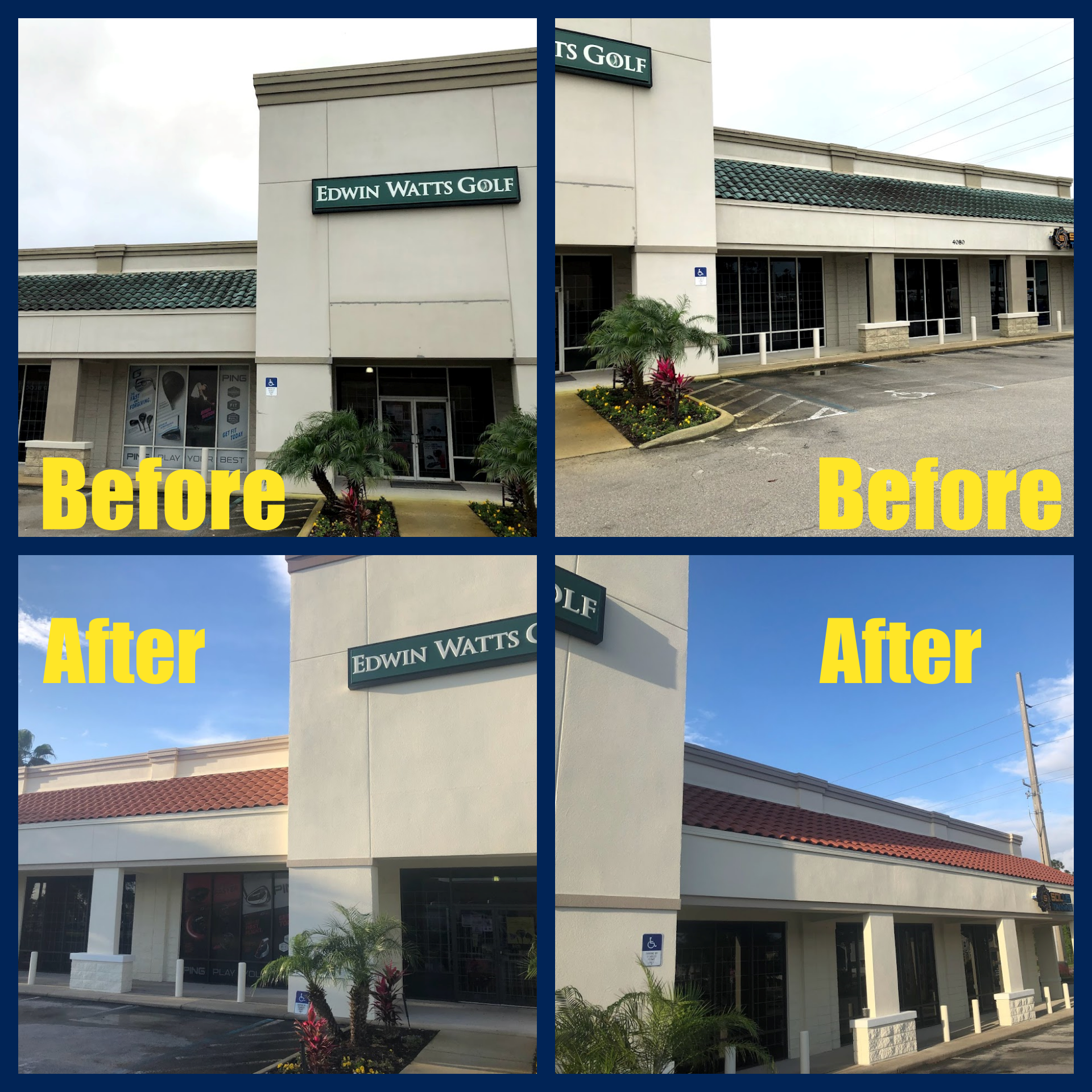 Before and after shots of a building's exterior renovation: gray to white paint, red roof, new plantings.