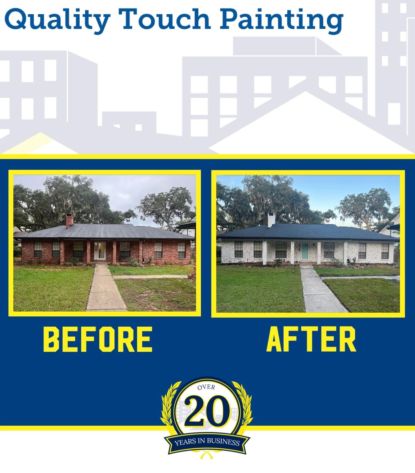 Before and after of a house painting job; a brick home turns white.