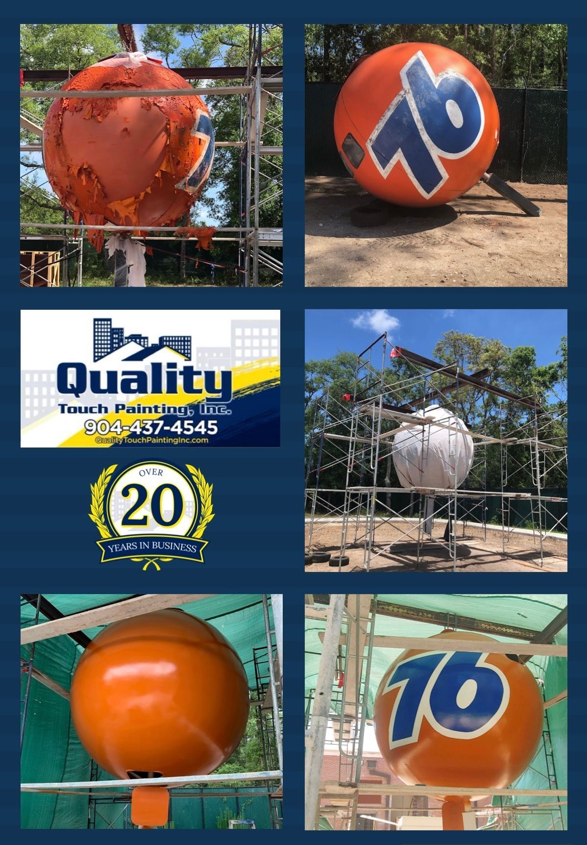 Photos of a 76 ball being restored. Orange and white paint, scaffolding, and logo are visible.