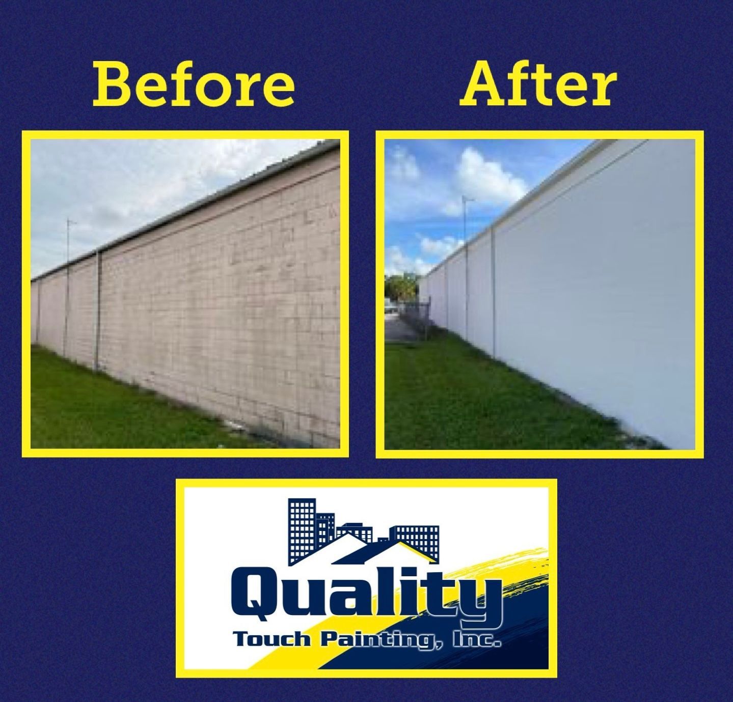 Before and after of a wall painted by Quality Touch Painting, Inc. Transformation from dirty brick to clean white.