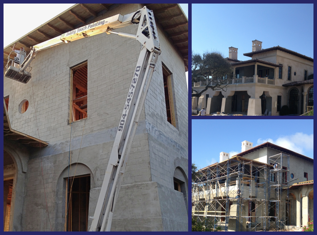 Construction of a stucco home; a lift aids workers, with unfinished sections.