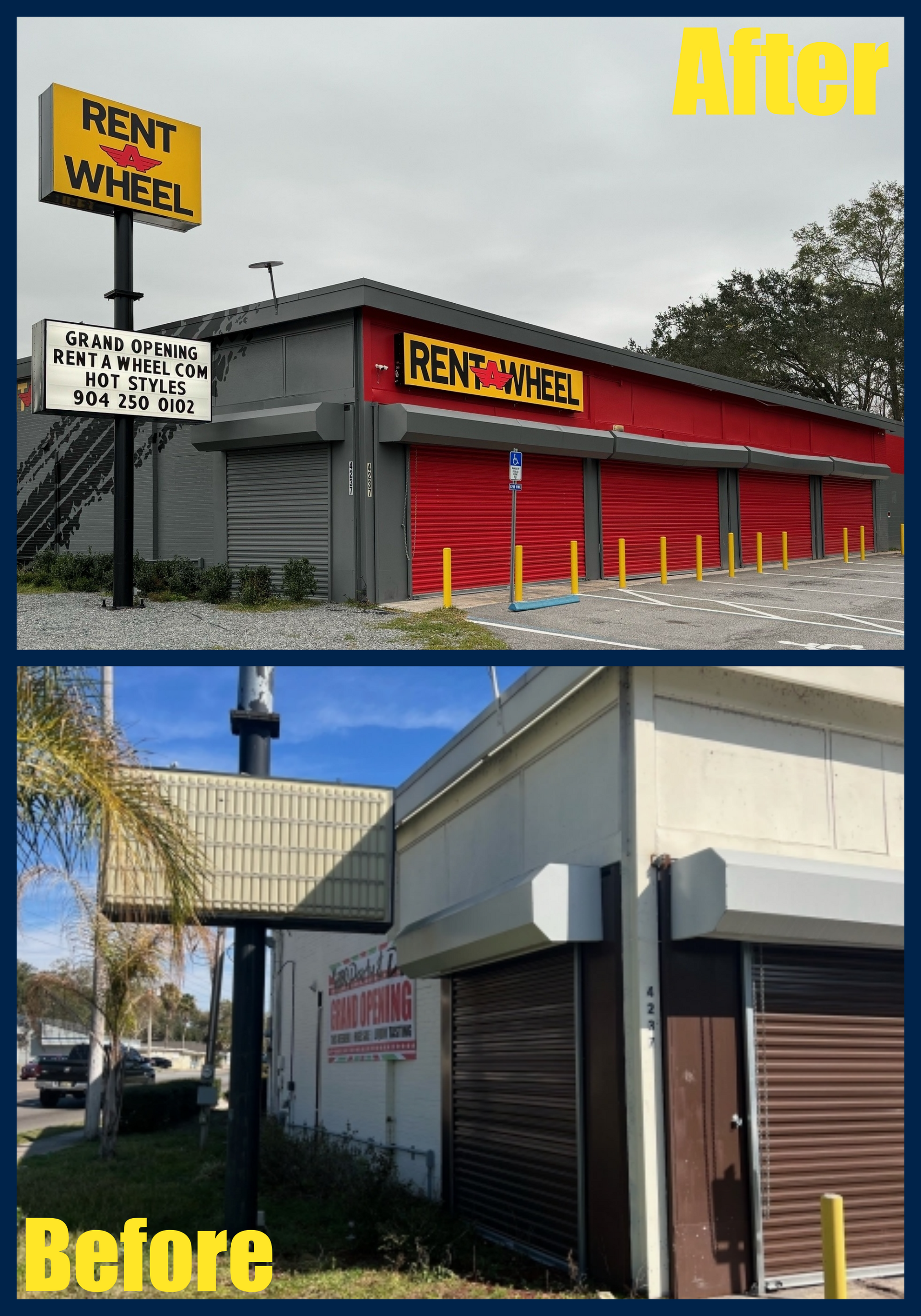 Before-and-after of Rent-A-Wheel building. The after shows a red facade with three closed garage doors.