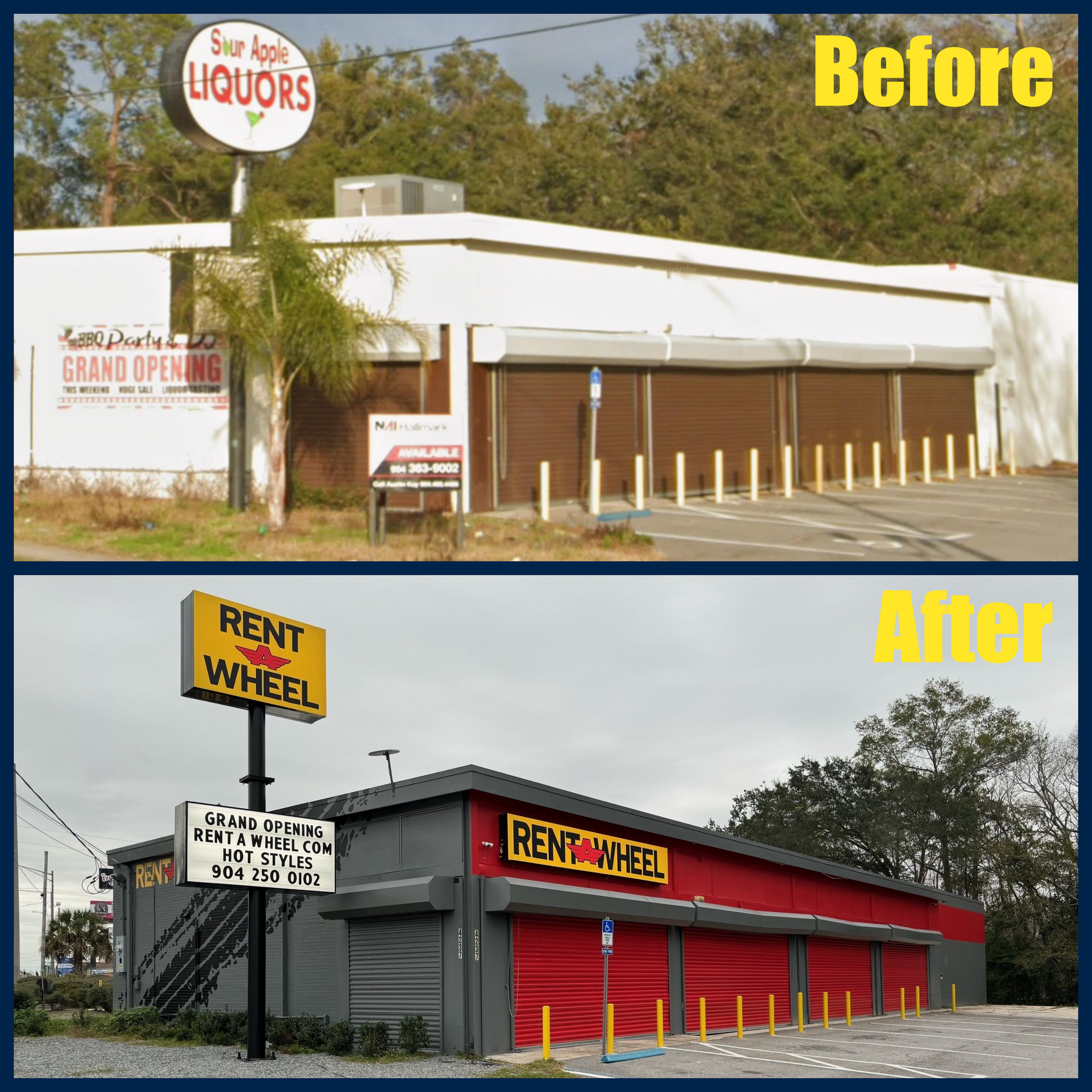 Before and after shots of a building: Blue Apple Liquors becomes Rent-A-Wheel. Gray and red exterior with signage.
