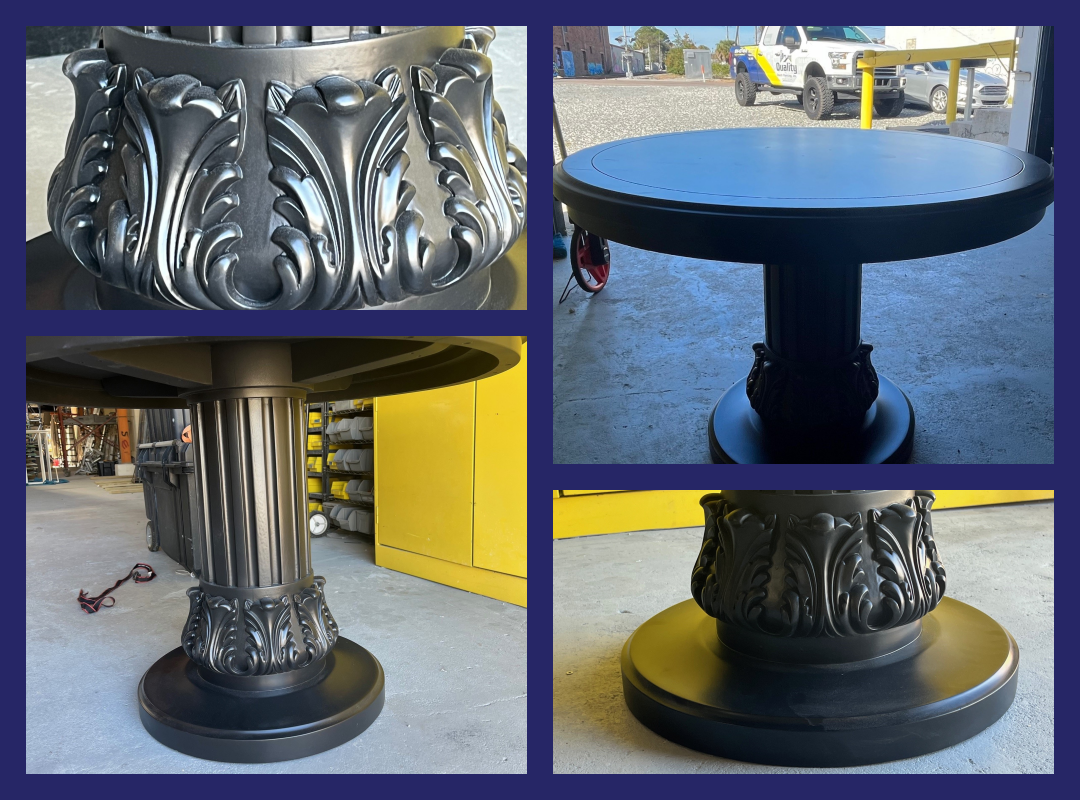 A collage of four pictures of a black table