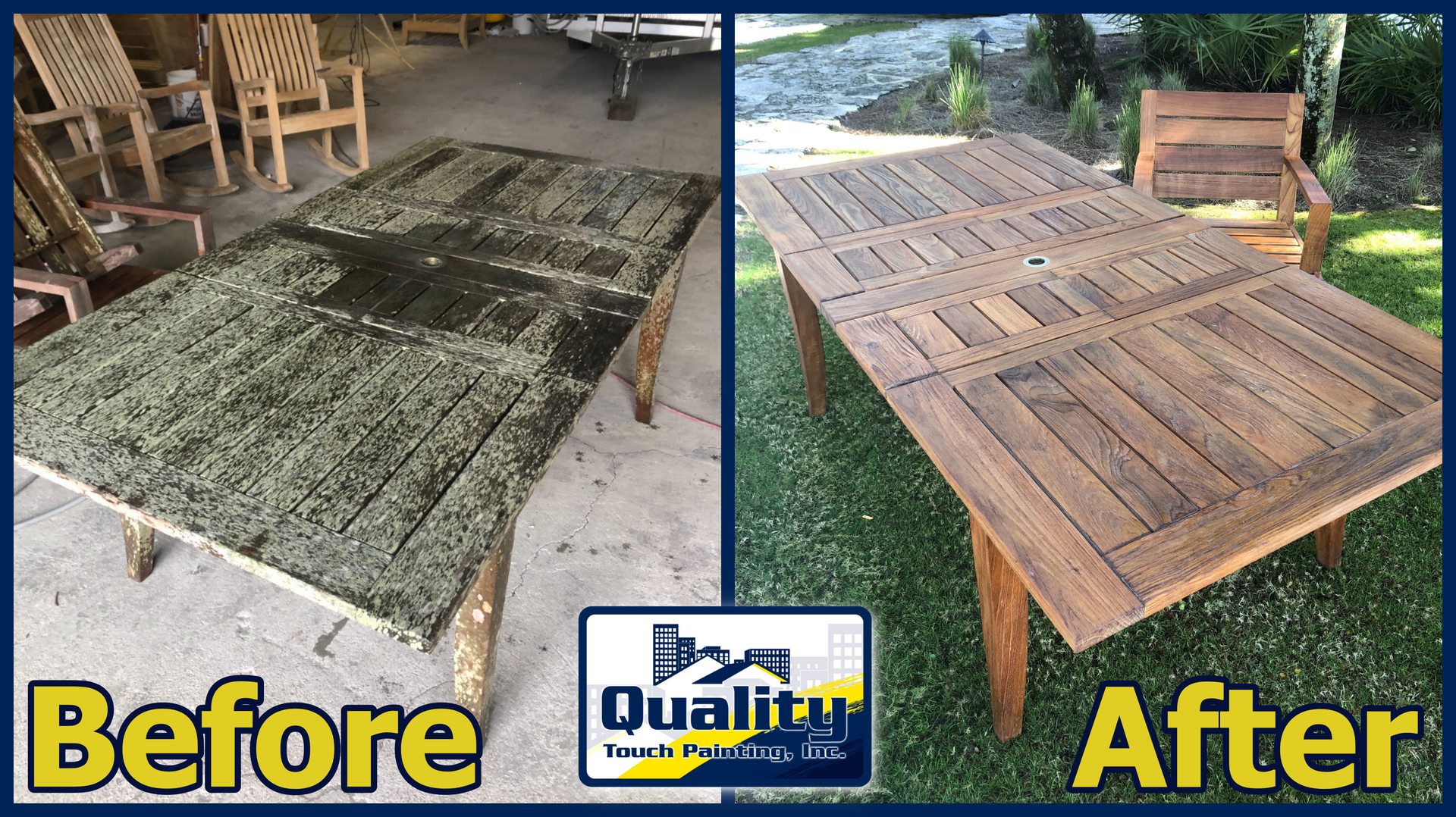 Before and after shots of a wooden table. The left side shows a dirty table, while the right side shows it cleaned.