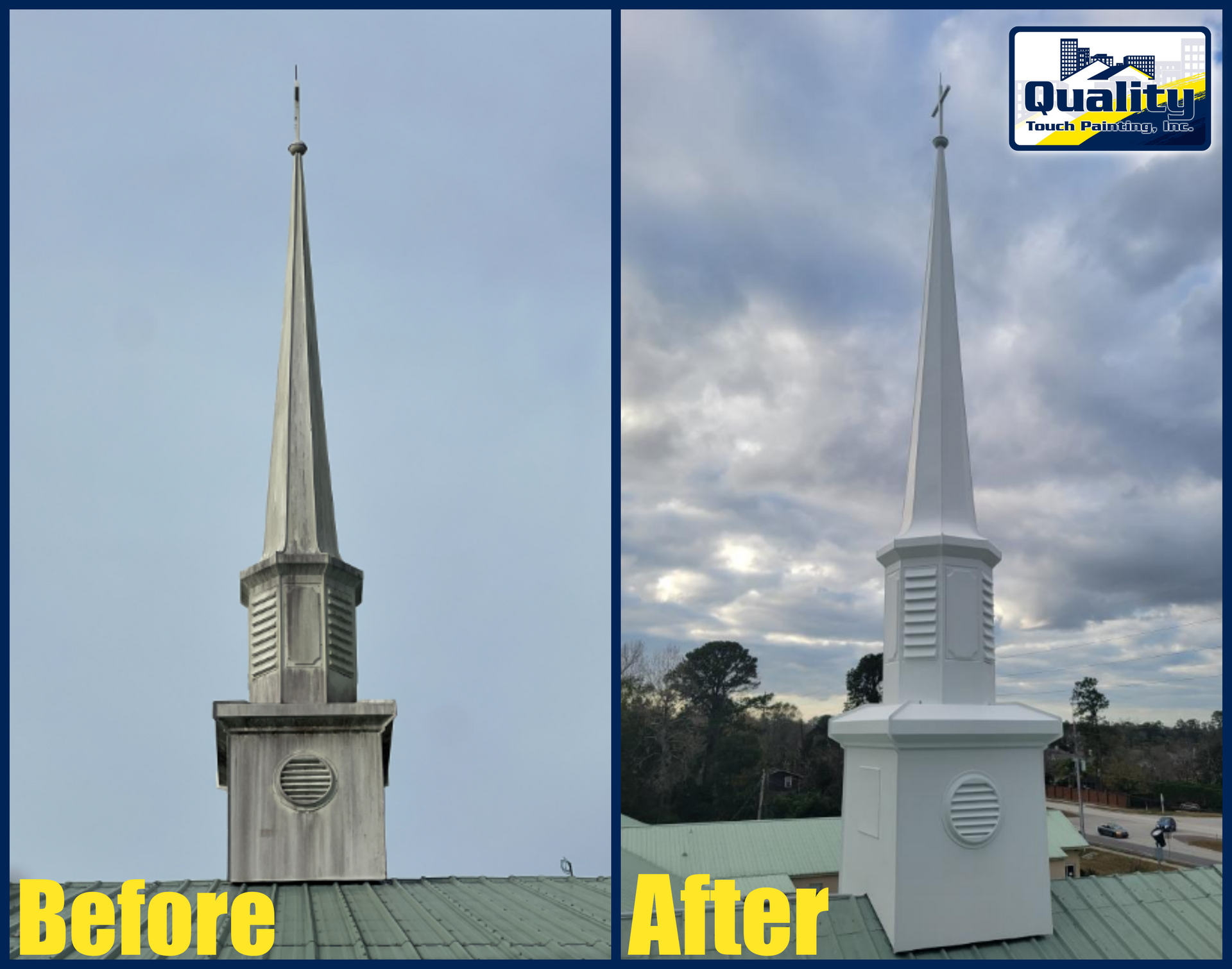 Before and after of a white steeple. Gray, weathered before; clean, white after.