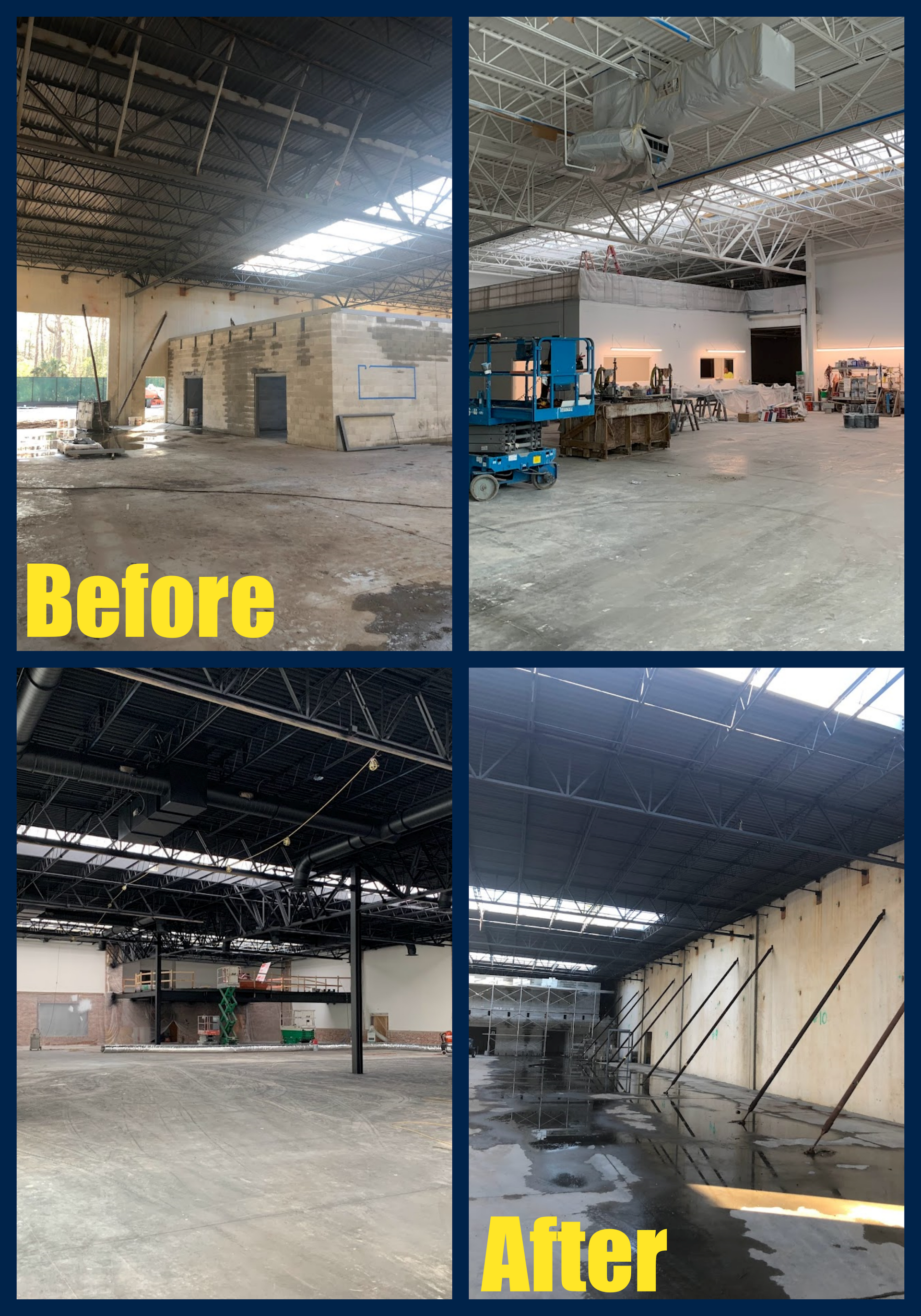 Before and after photos show industrial space undergoing renovation:  dark ceilings, concrete floors.