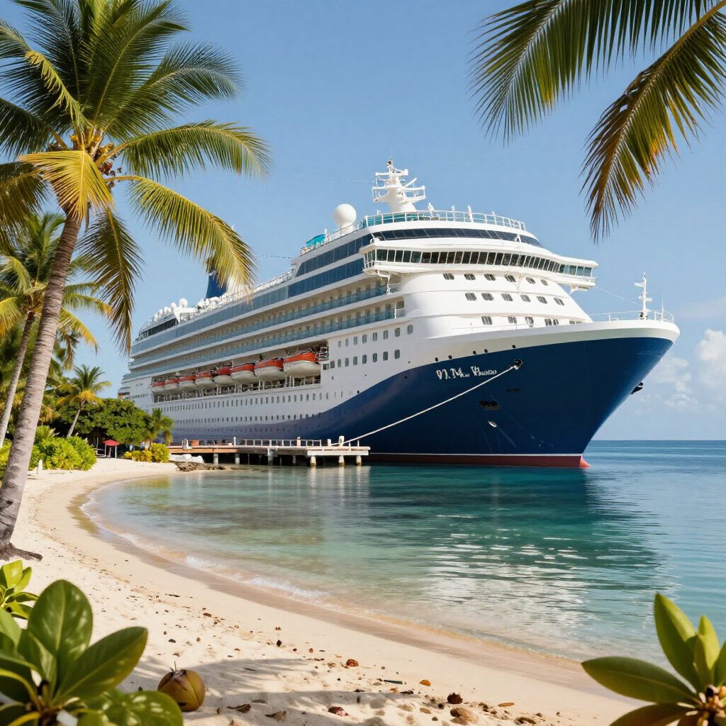 Cruise ship docked on a tropical beach; palm trees, blue water, and sky.