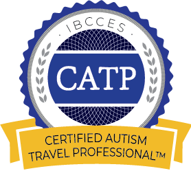 IBCCES Certified Autism Travel Professional (CATP) badge: blue scalloped seal with white text and a gold banner.