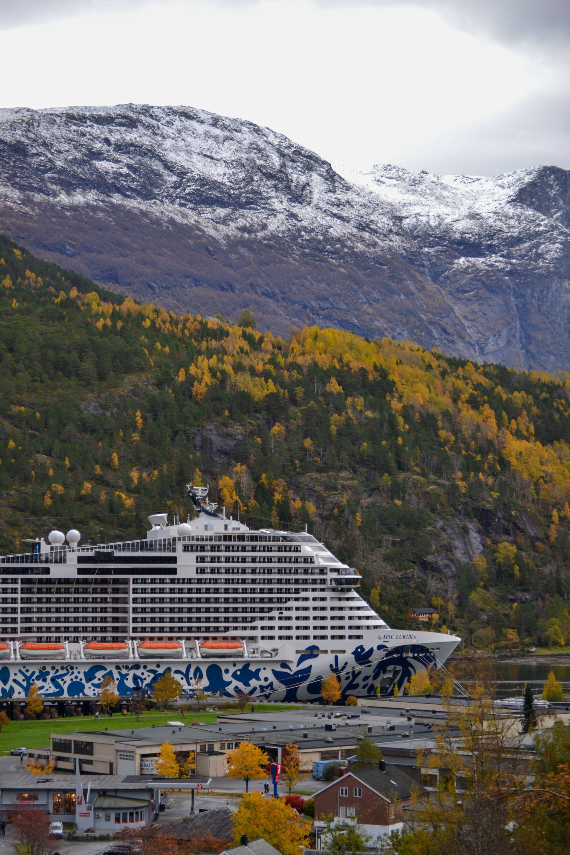 Cruise ship docked by a colorful autumn town beneath snow-dusted mountains
