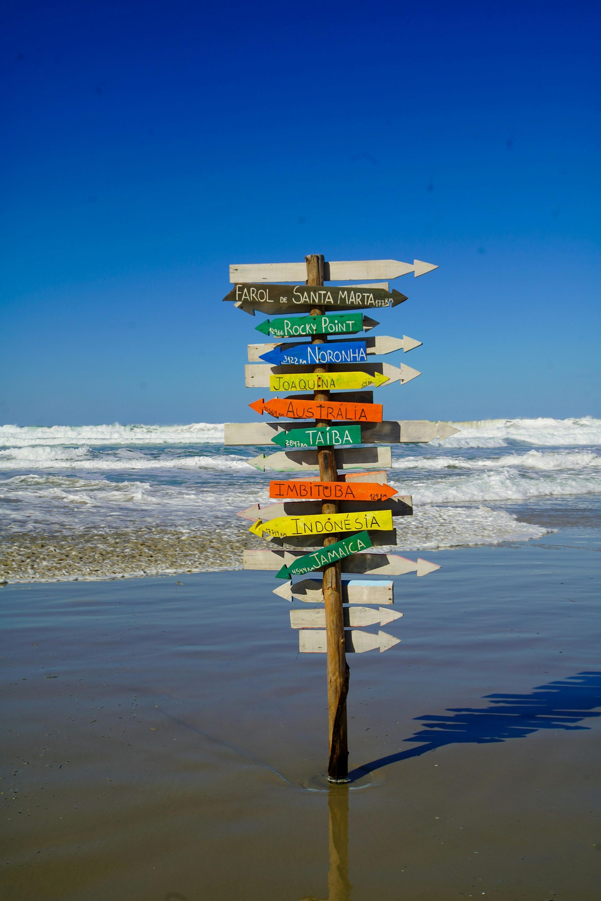 A colorful wooden signpost with multiple directional arrows stands on a sandy beach against a blue sky and crashing waves.