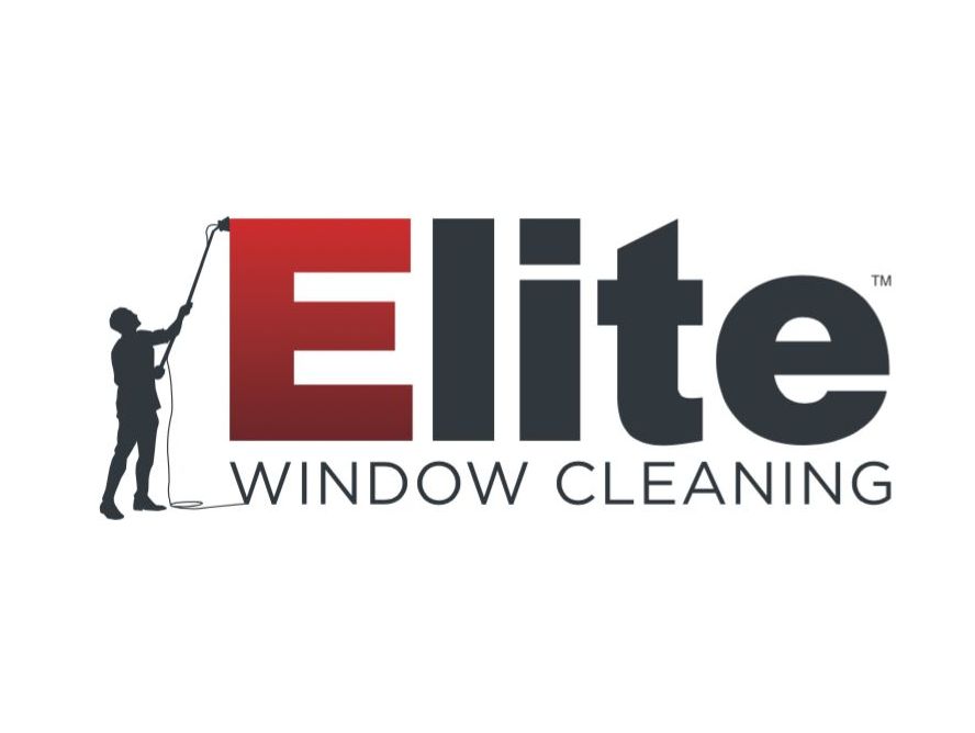 The logo for elite window cleaning shows a man cleaning a window.