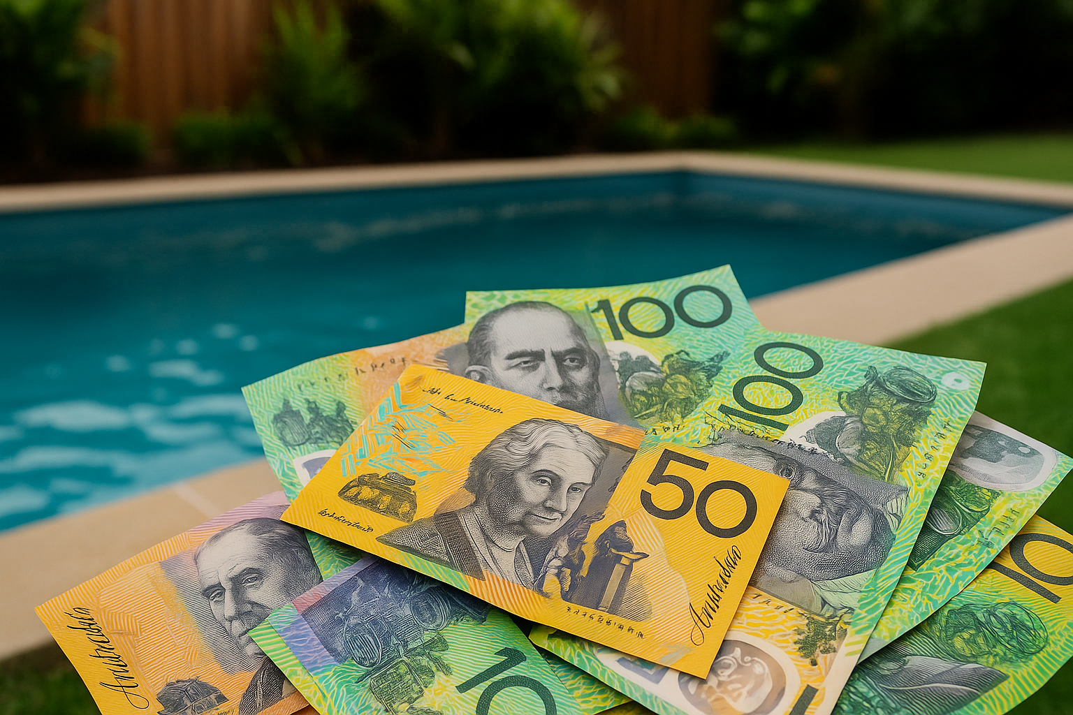 Australian banknotes fanned out in front of a swimming pool and lawn.