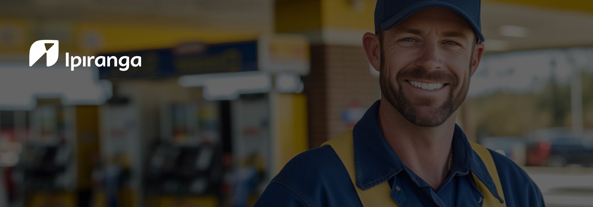 um homem de uniforme azul e amarelo está sorrindo na frente de um posto de gasolina