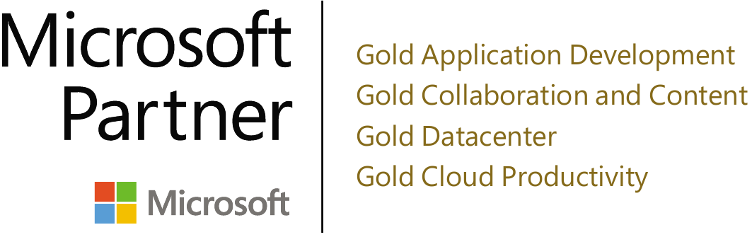 Um logotipo de parceiro da Microsoft que diz ouro desenvolvimento de aplicativos ouro colaboração e conteúdo ouro datacenter ouro produtividade na nuvem