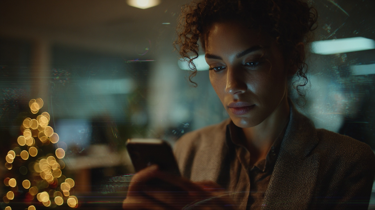 Mulher com expressão de preocupação olhando para o celular em um escritório decorado no fim do ano