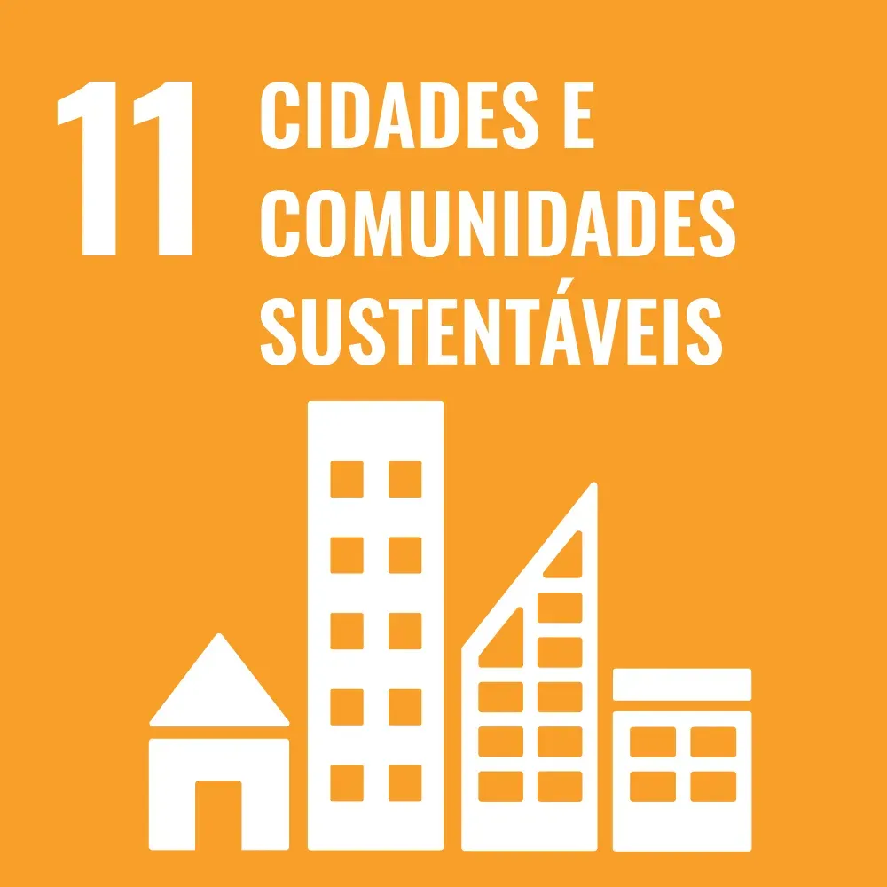 An orange background with white buildings and the words 11 cidades e comunidades sustentaveis