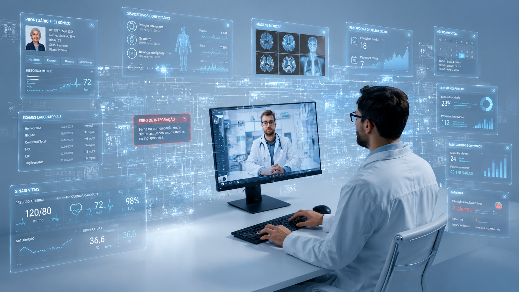integração de sistemas de saúde,  telemedicina e sistemas legados, auditoria de IA em prontuário