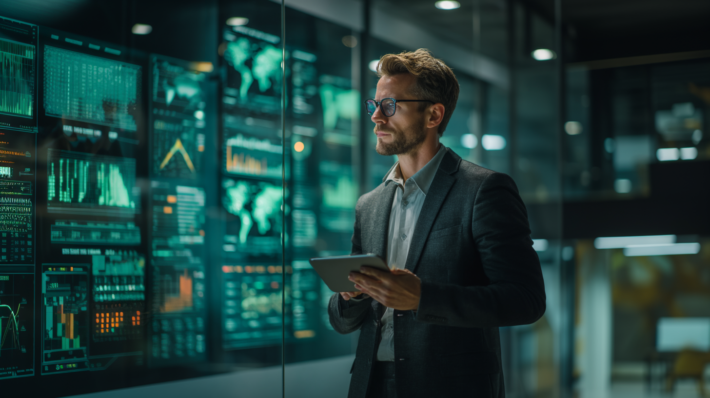 Homem de terno e óculos, segurando um tablet, olhando para telas com dados. Sala escura,