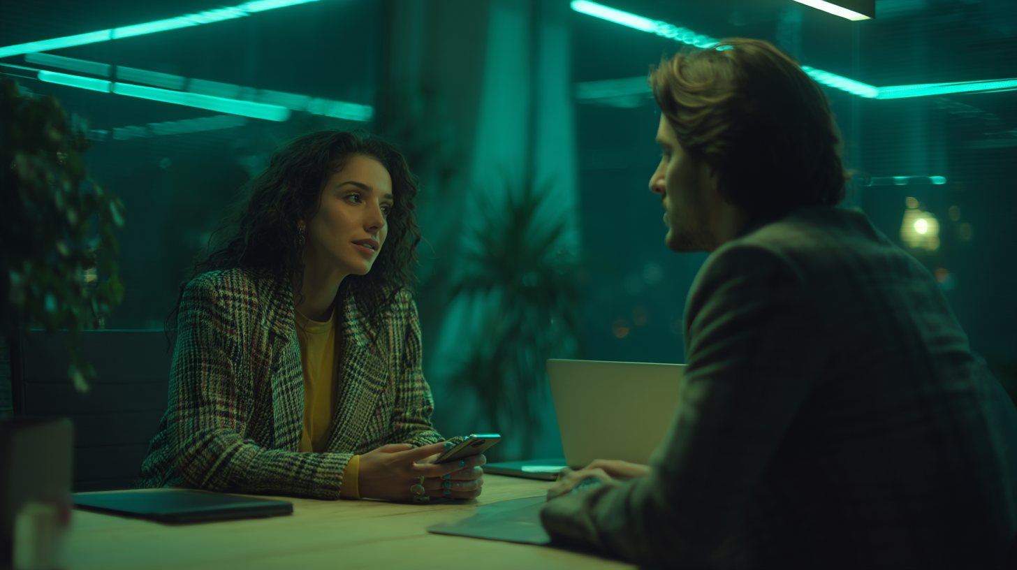 Uma mulher e um homem conversam em uma mesa em um espaço moderno com iluminação azul-esverdeada.