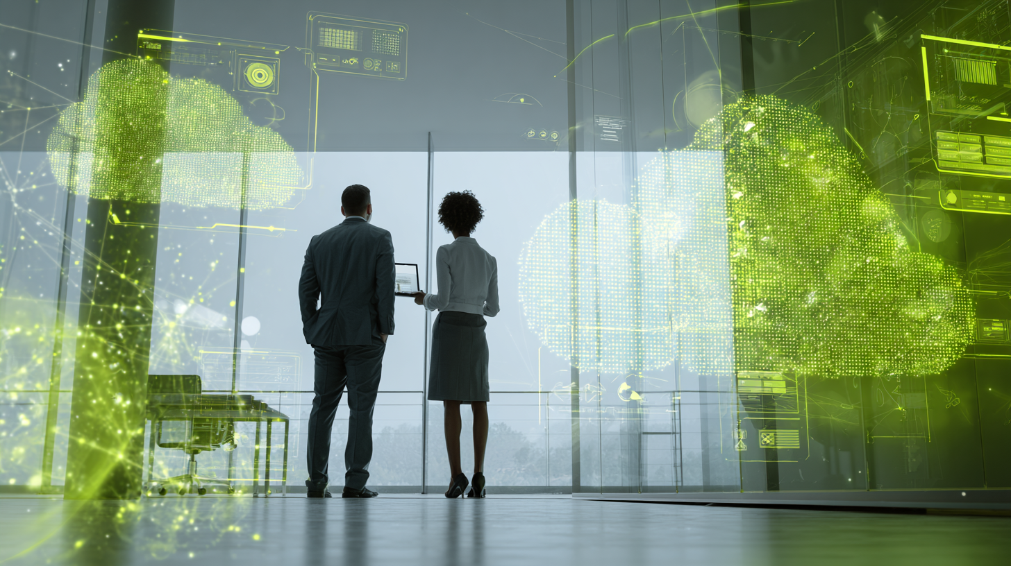 Duas pessoas em um escritório olhando para uma tela digital que exibe uma nuvem verde.