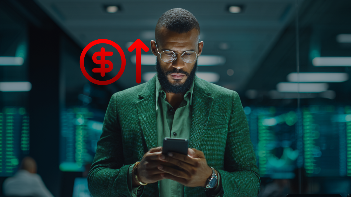 Homem de jaqueta verde olhando para o celular, com um sinal de dólar vermelho com uma seta para cima