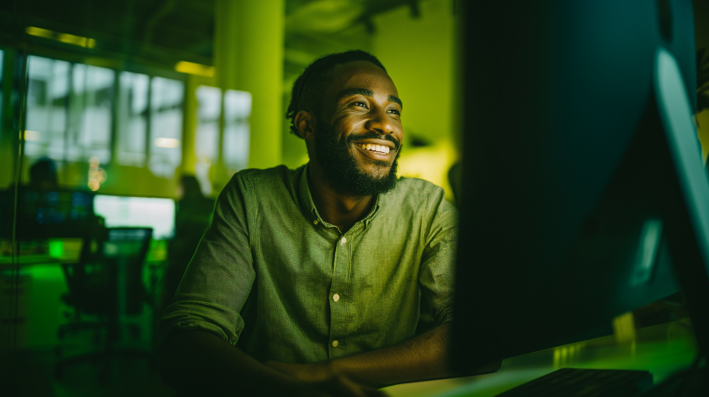 Pessoa sorridente em um escritório iluminado com luz verde, olhando para um monitor de computador.