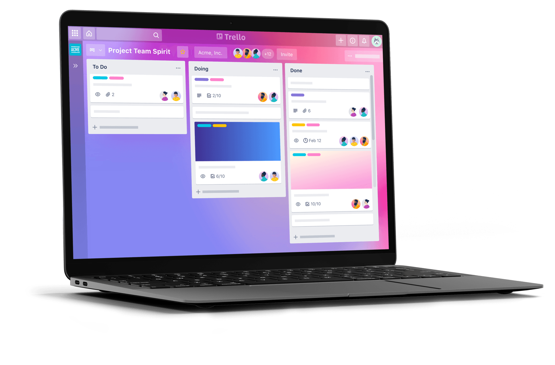 Um laptop está aberto em um painel roxo e rosa.