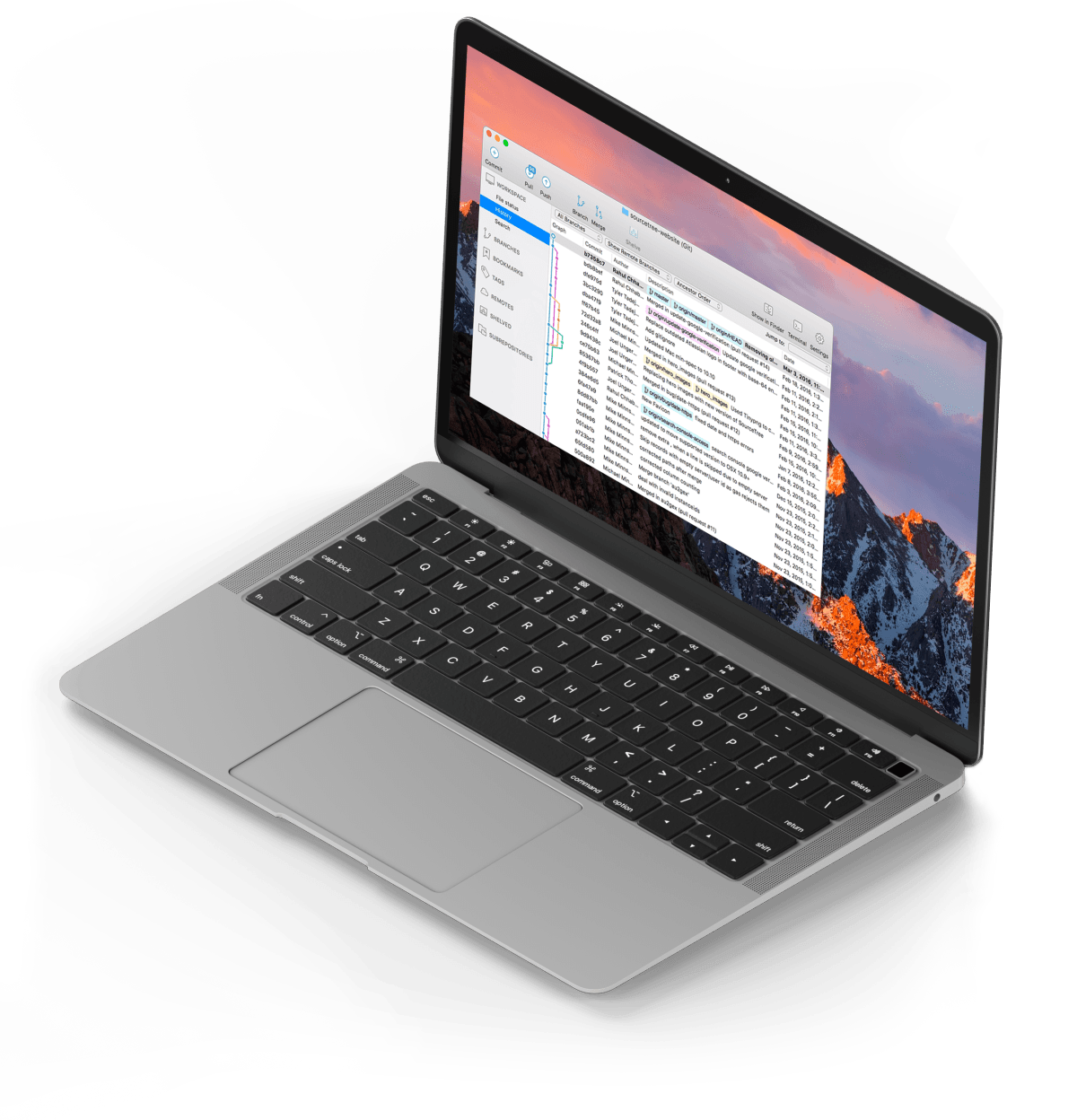 Um laptop com uma montanha ao fundo