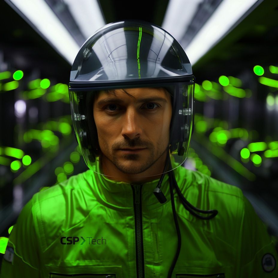 Um homem usando um capacete e uma jaqueta verde que diz csp tech