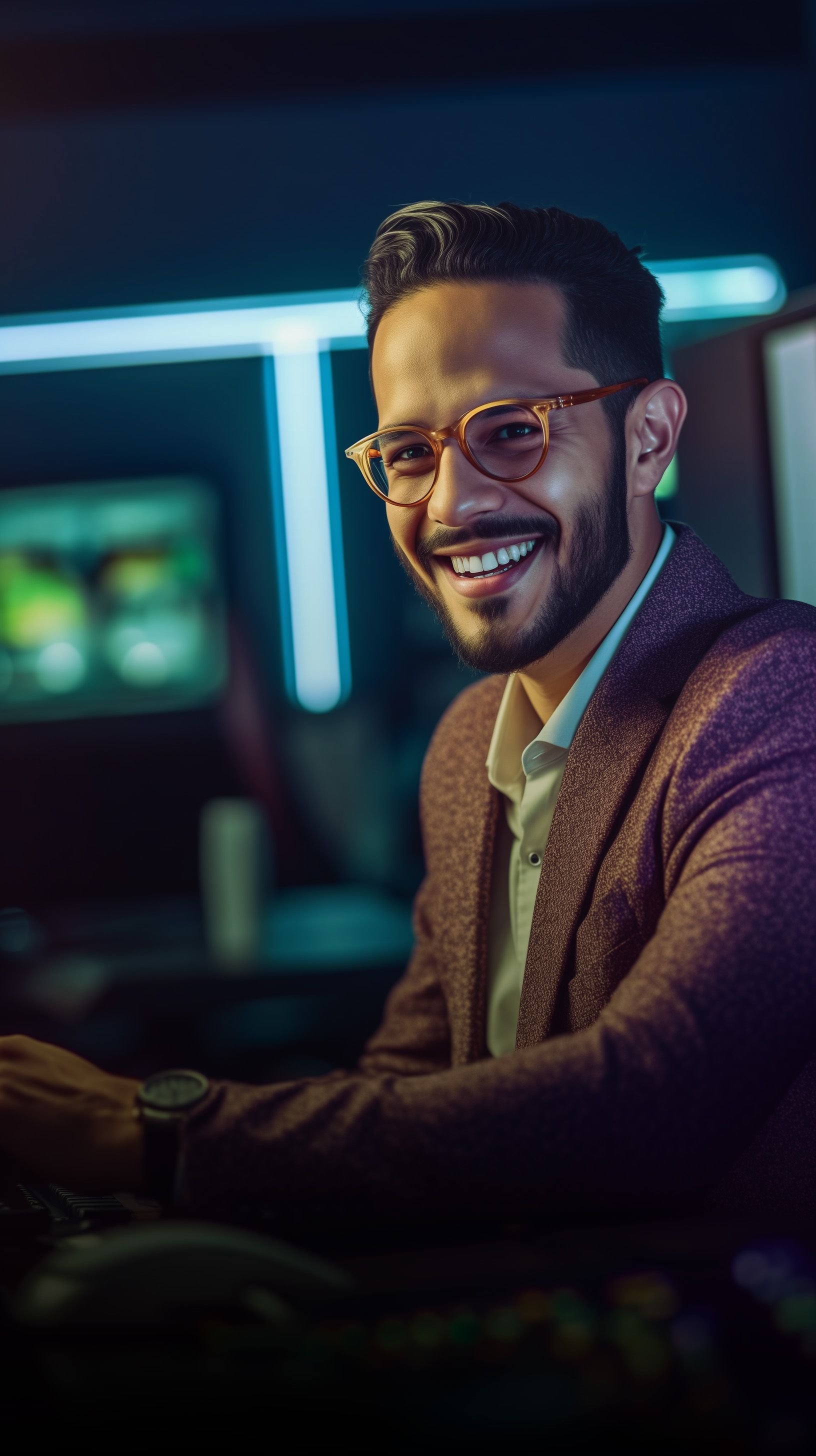 Um homem de óculos está sorrindo enquanto está sentado na frente de um computador.